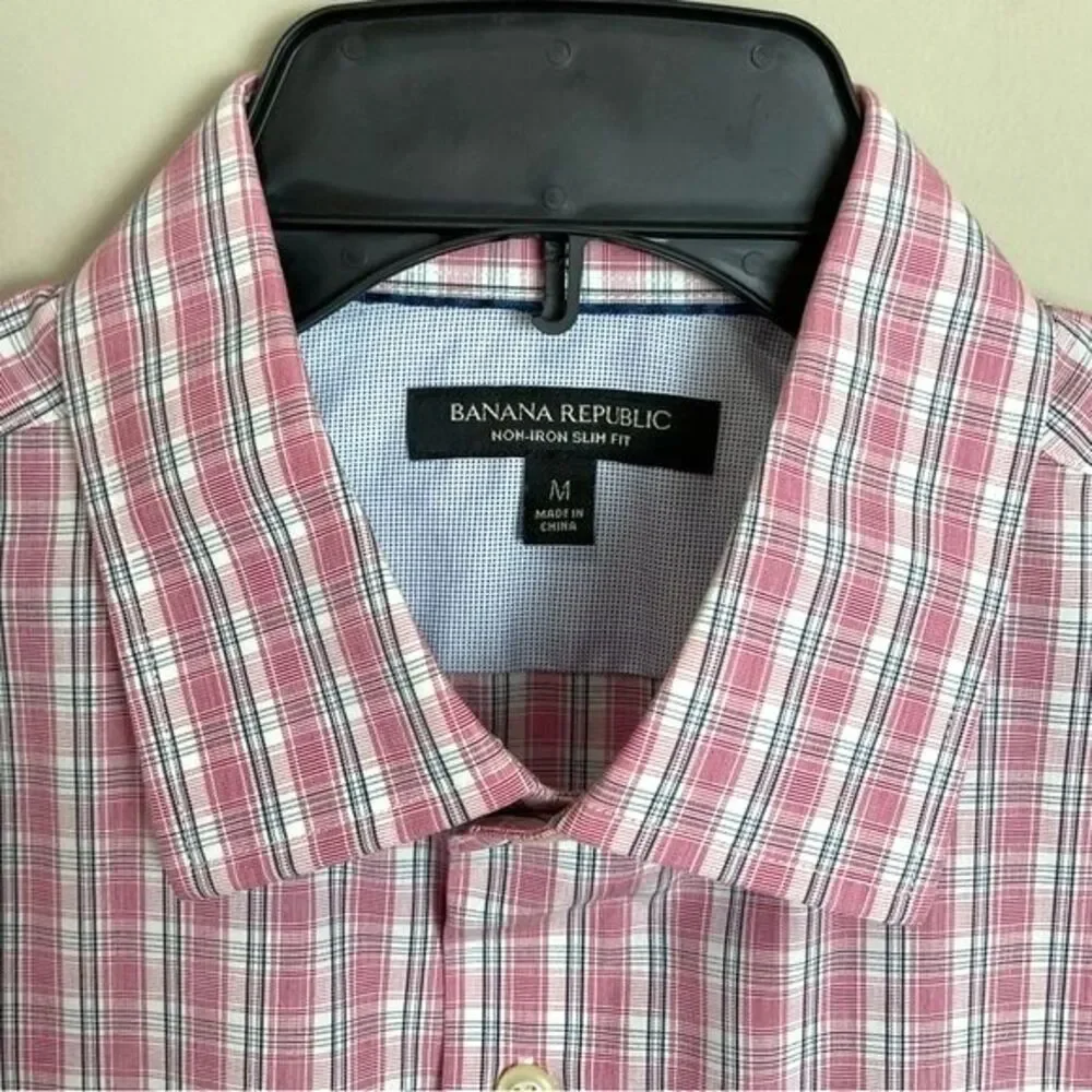 Banana Republic Pink Plaid Shirt Non Iron Slim Fit Button Front Men’s Sz Med